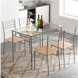 5-pieces Iron Glass Dining Table Set (1 Table and 4 Chairs) Silver