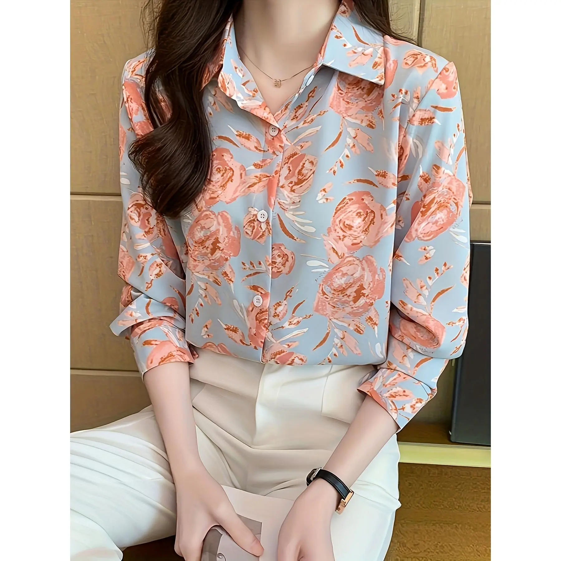 Women's Elegant Polyester All-Over Rose Print Blouse - Loose-Fitting Long-Sleeve Lapel Top with Button Front, Back Bow Tie, Machine Washable, Style Rq 3863197