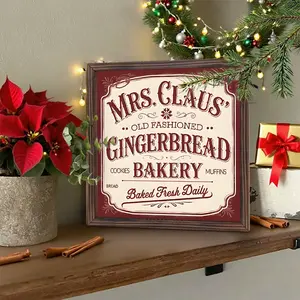 Mrs. Claus' Vintage Gingerbread Bakery Wooden Sign, Rustic Farmhouse Christmas Decor, Home Decor Ornament, 20.32x20.32 Cm Wall Art for Holiday Baking Season