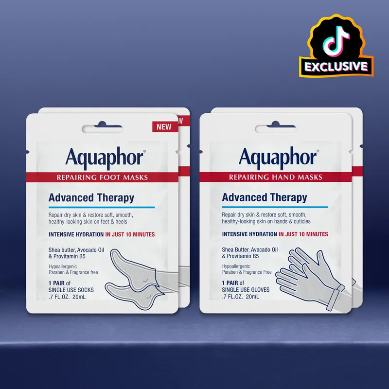 Aquaphor Repairing Hand & Foot Masks Bundle (2+2) - Gentle, Intensive Urea Moisturizer with Avocado Oil, Shea Butter, Fast-Absorbing, Fragrance-Free, 10-Min Hydration for Dry Skin Selfcare Recovery