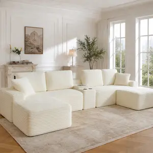 ARCH Oversized Sectional Sofa 150'' Cloud Couch L-Shape with Cup Holders USB Ports Storage Corduroy Upholstered Deep Seat 4-Seat Cushion Back Modern Living Room Furniture Beige, Beige Color Options, Corduroy Material, 4 Seat Seat Count