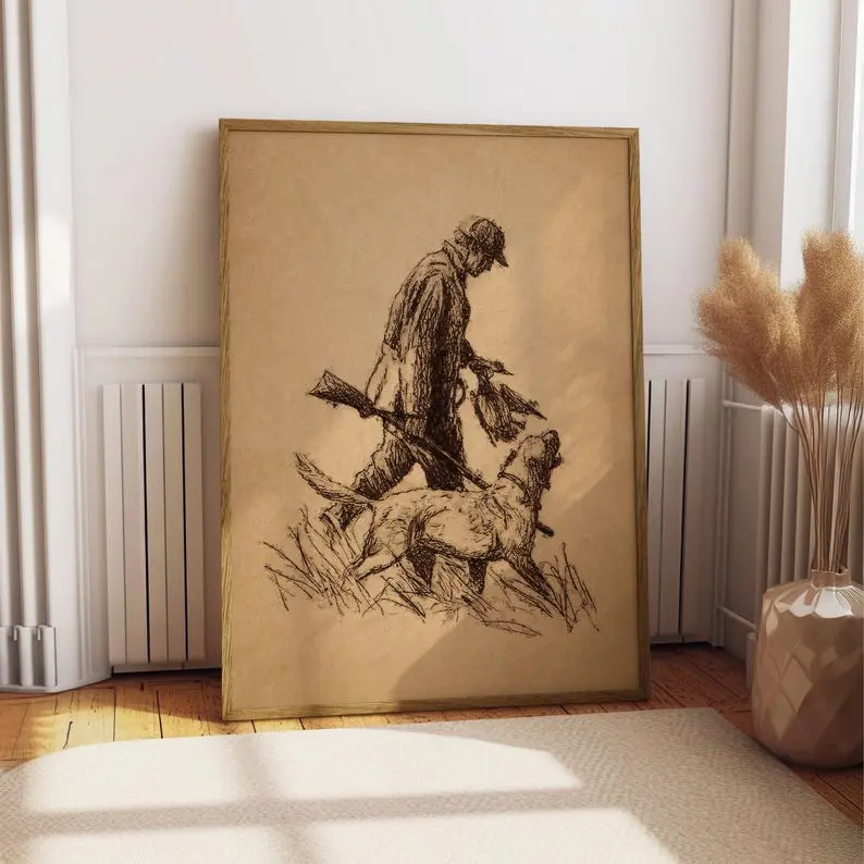 Vintage Duck Hunting Print, Hunter and Dog Wall Art, Rustic Cabin Decor, Sporting Dog Artwork, Lodge Hunting Poster, Outdoorsman Gift  , Premium Poster, Canvas Home Decor