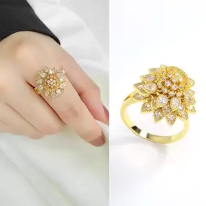 Women's Adjustable Open Gold Ring - Trendy Elegant Cubic Zirconia Enamel Floral Leaf Flower Cluster Design, Crystal Expanding Jeweled Ring, Easter Jewelry Gift, Gold Rings, Crystal Rings