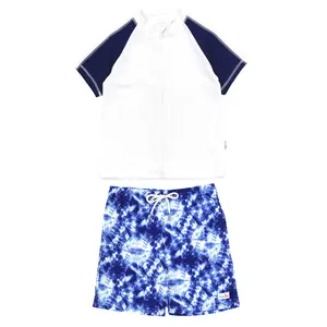Boys Short Sleeve Zipper Rash Guard and Swim Trunk Set | "Tie Dye"