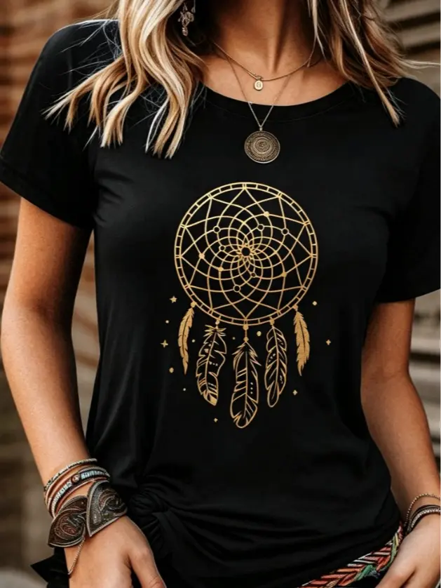 Dreamcatcher Design Black T-Shirt with Gold Feathers and Stars for Women