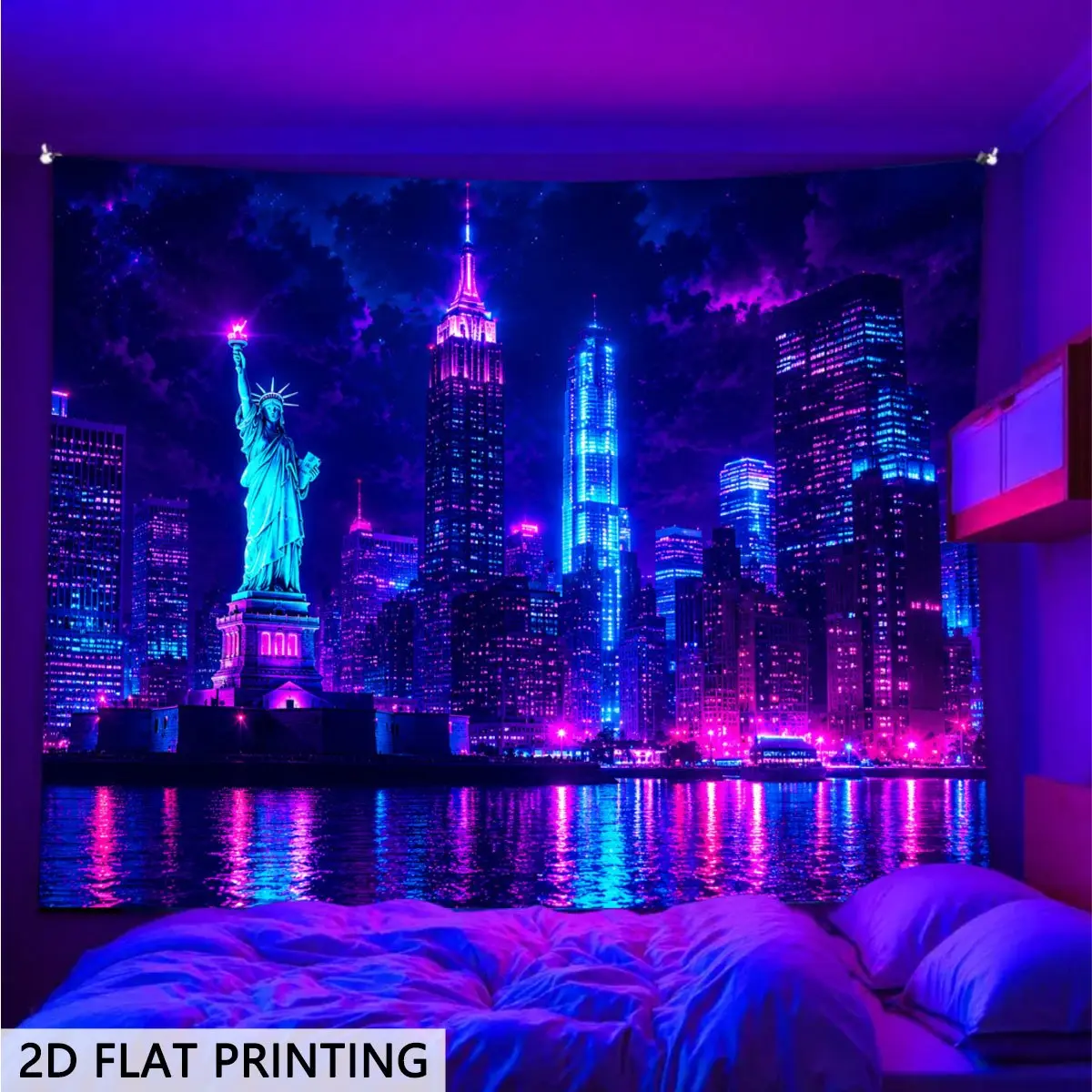 2D Flat Blacklight Glow-in-the-Dark Neon NYC Printed Polyester Durable Tapestry - Home Wall Hanging, Room Decor Accessories, Love & Family & Bag Themed, Machine Washable for Bedrooms, Anniversary Gifting