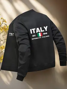 Men's Italian Flag Print Casual Jacket, Fall & Winter Fitted Geometric Pattern, Zipper Front, Knit Fabric