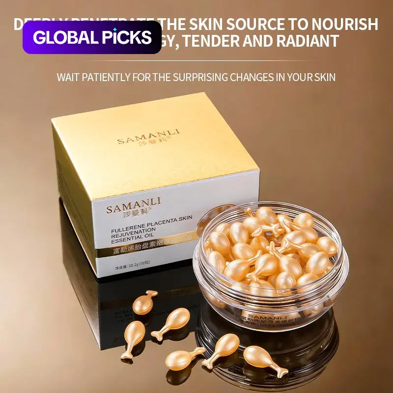 SAMANLI Fullerene Placenta Essential Oil, Nourishing Skin Care Facial Oil Capsules, Radiance & Elasticity Enhancing, Essential Serum, Ideal for Daily Use #GLOBAL PICKS