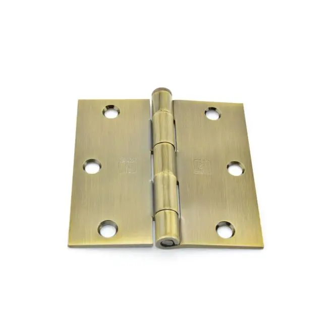 Antique Brass 5-Knuckle Residential Steel Door Hinges - 3.5x3.5 in, Square Corner, Full Mortise, Plain Bearing, Removable Pin, Model No. 030552, Five Knuckle