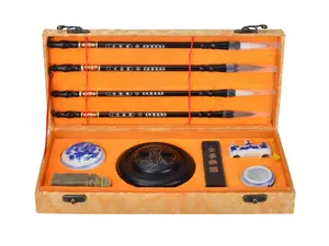 Chinese Calligraphy Set for Beginners with 4 Brushes, Ink Stone, Ink Stick, Red Ink Paste, Seal, Porcelain Water Bowl, Brush Holder, Calligraphy Kits for Beginners and Sumi Painting
