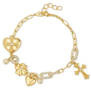 KissYan Vintage Heart Cross Bracelet for Women, 14K Gold Plated Religious Crucifix & Lucky Clover Charm Link Chain Jewelry