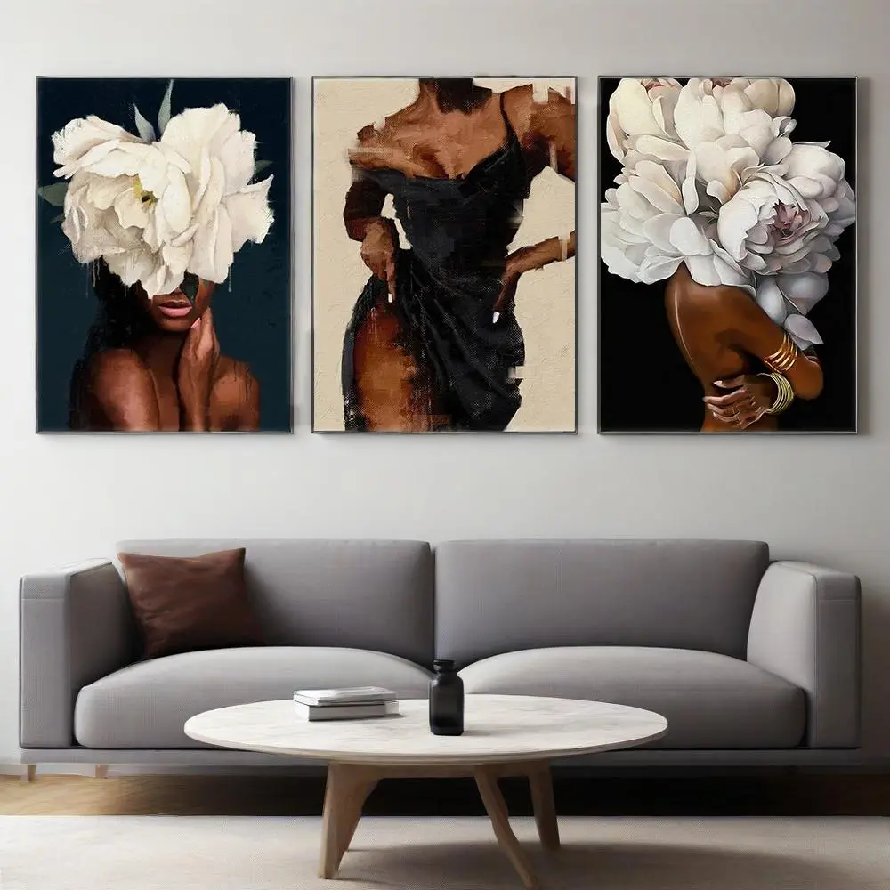 3pcs/set Frameless Classic Abstract Western Wall Art, Artwork, Face Design Black Woman Girl with Flowers Canvas Print Unframed Art Print Modern Home Decor Wall Art Painting