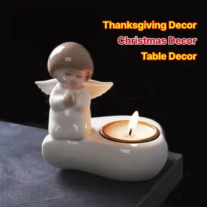 1 Christmas tea light candle holder, ceramic angel candle holder for table display, candle holder for wedding decoration, gift for parties, Thanksgiving, Halloween, and housewives (candles not included), party decoration, home decoration, wedding centerpi