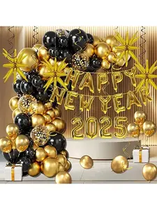 Happy New Year Party Decoration Black and Gold Balloon Garland Arch Kit Happy New Year 2025 Banner Balloons New Year Decorations 2025