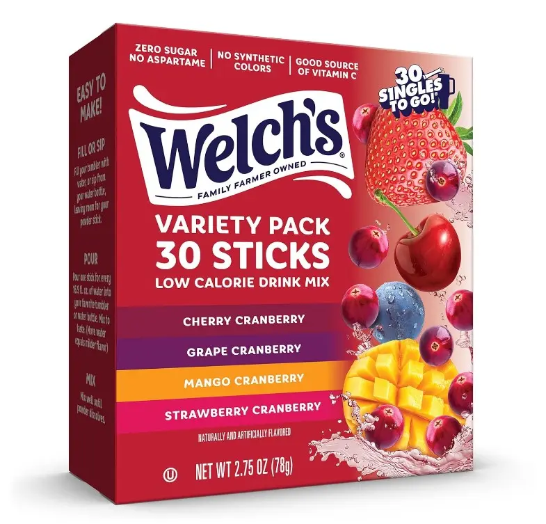 Welch’s Singles To Go! Cranberry Variety Pack Drink Mix, Sugar Free Water Flavor Packets, No Aspartame, No Artificial Dyes, Low Calorie, 4 Flavors (Grape, Mango, Strawberry, Cherry), 30 Sticks