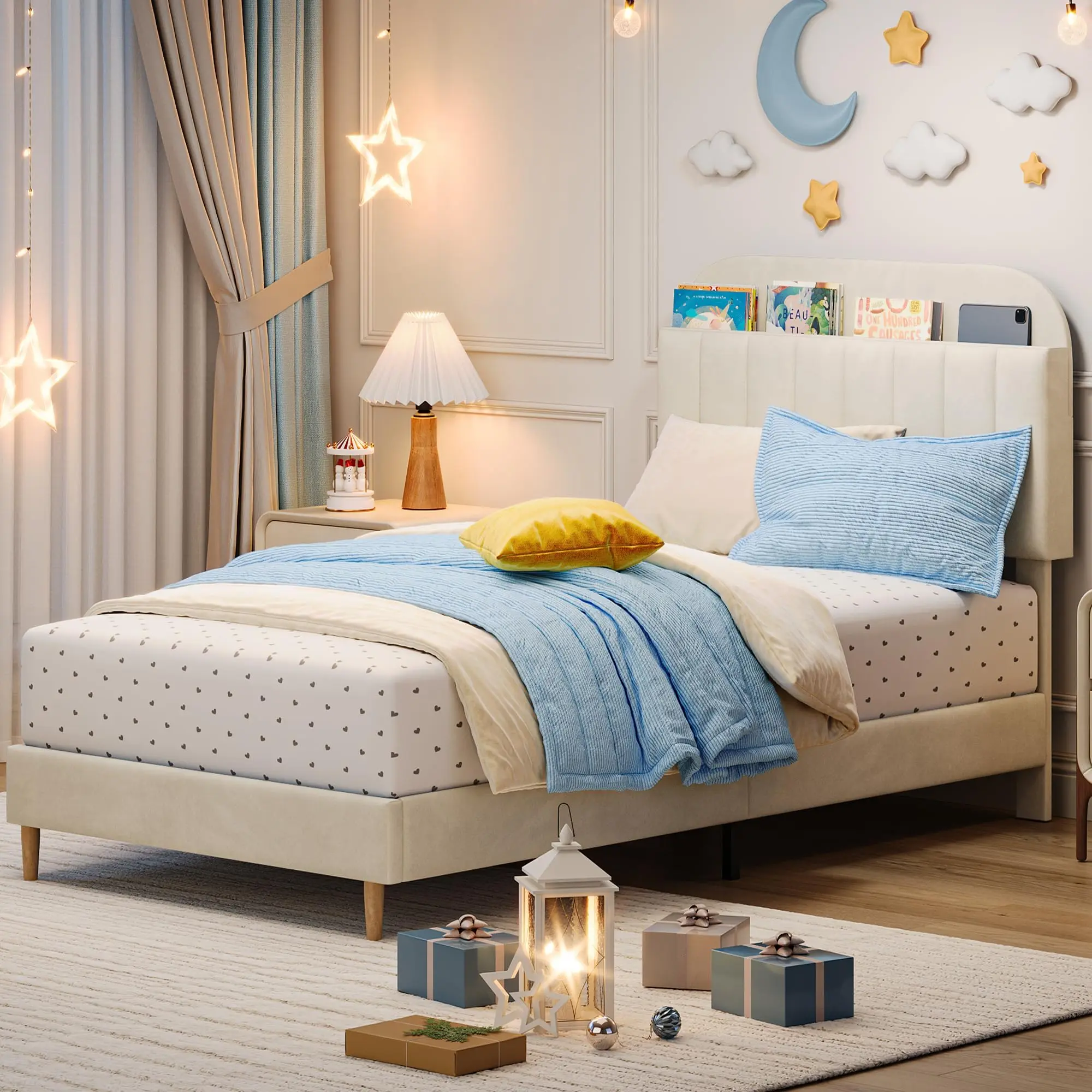 Garvee Bed Frames with Upholstered Storage Headboard,  Platform Bed with Bookcase, Velvet  Bed Mattress Foundation, Heavy Duty Steel Support Legs, Easy Assembly, Noise Free for Kids Girls Boys