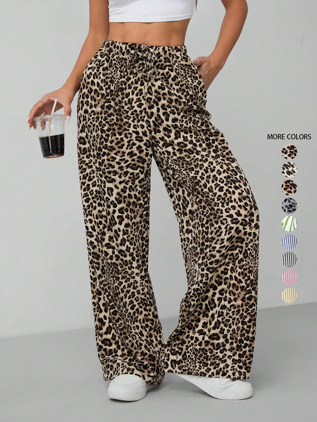 Women's Chic Leopard Print Lace-Up Wide-Leg Pants with Pockets - Breathable Cool Thin Adjustable Bottoms, Elegant Animal Print Loose Fit Baggy Trousers for Daily Wear, Leopard Pants, Animal Print Pants