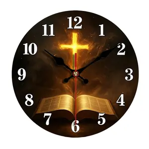 2D flat design. 1 piece set. Christ's Cross Bible Theme Wall Clock, Silent Decorative Wall Clock, Creative Wall Clock, Suitable for Bedroom, Living Room, Office Decoration, 25/30cm (excluding AA batteries), 2D Flat Version
