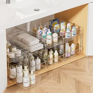 4 Pack Bathroom Organizer, 2 Tier Clear Under Sink Organizers Vanity Countertop Storage Container,Cabinet Drawers Bins, Pull-Out Organization with Track for Pantry, Kitchen