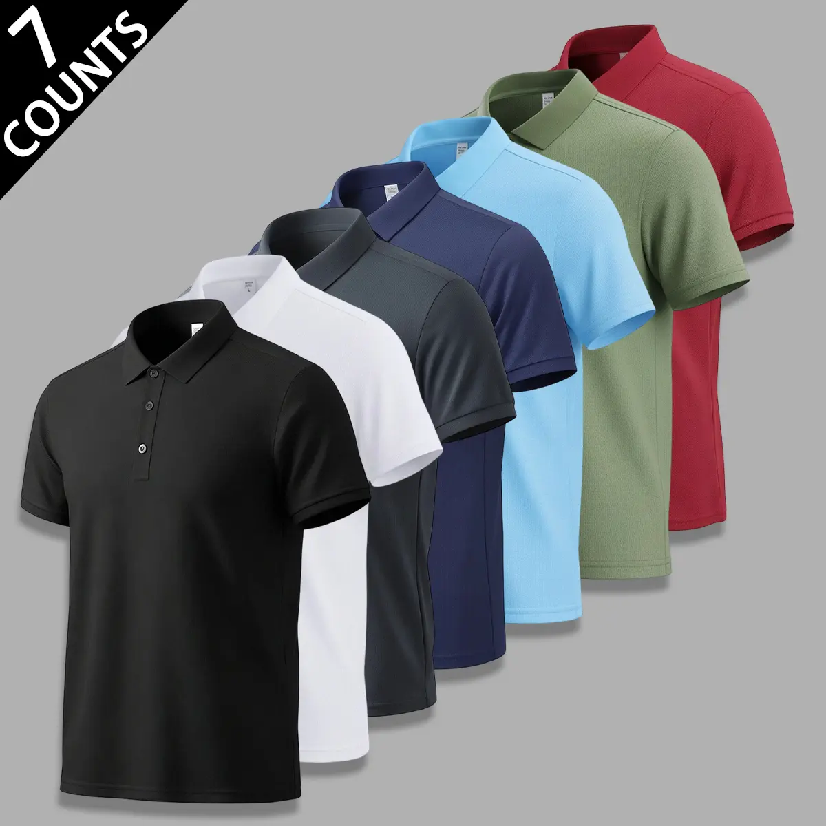 Men's 7-Pack Solid Color Polo Shirts - Ultimate Wardrobe Staple, Slim Better-Fitting Buttoned Design, Moisture-Wicking Breathable Fabric, Sweat-Absorbing Dry-Fit for Work, Golf, All-Year Wear, Sweat-Absorbing Polo Shirts, Buttoned Polo Shirts