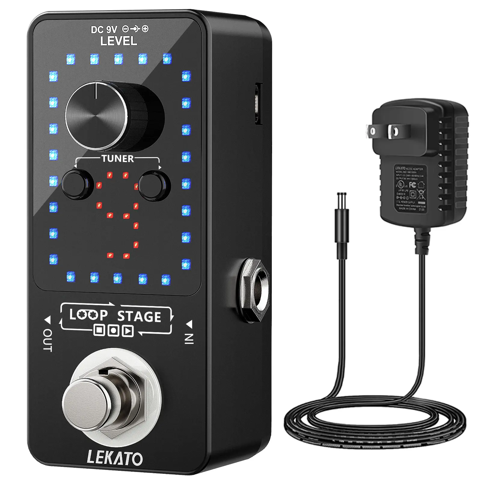 LEKATO Guitar Looper Pedal, Effect Pedal with Tuner Function, Looper Pedal Loops 9 Loops 40 minutes Record Time, with USB Cable and 9V 0.6A Pedal Power Supply Adapter Christmas Gift