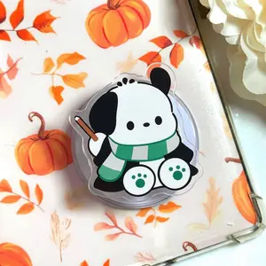 Cute Panda Puppy MagSafe Phone Grip – Kawaii Dog Magnetic Pop Socket & Kickstand – Cozy Green Scarf Phone & Kindle Accessory Gift