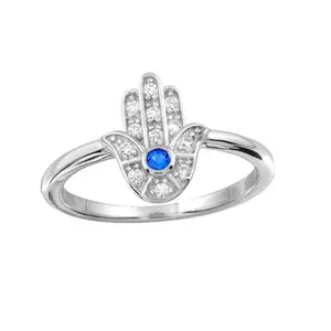925 Sterling Silver Blue Hamsa Ring with CZ