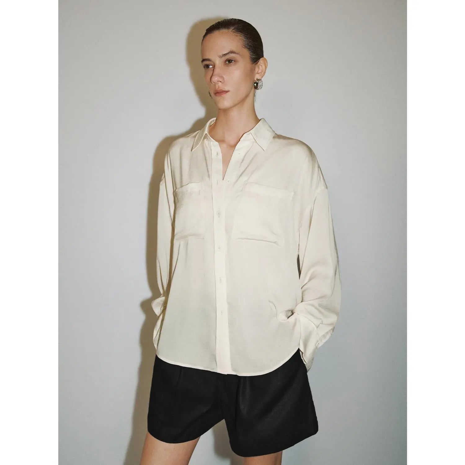 Women's Solid Polyester Blouse, a Classy Slim-Fit Single-Breasted Long Sleeve Top for Business Casual Office Work, Lady, Fabric