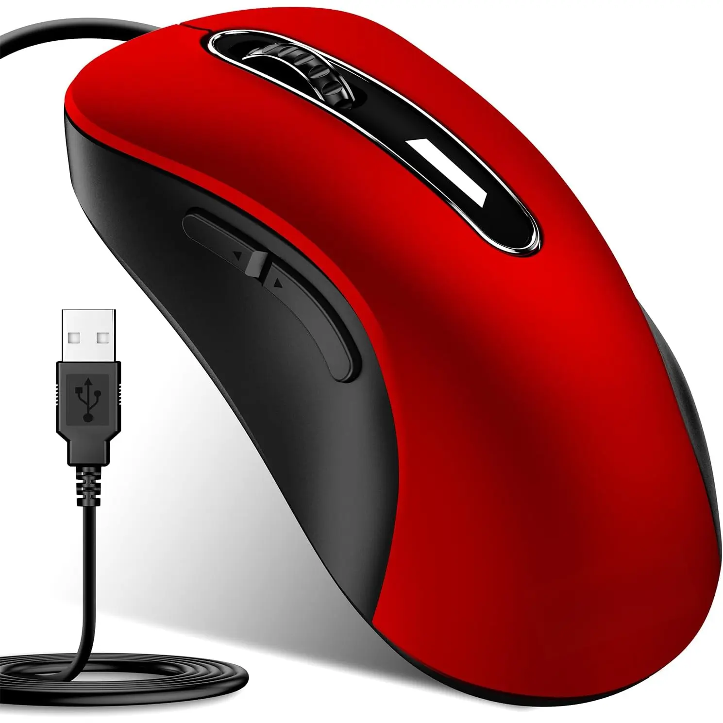 Wired USB Computer Mouse with Ergonomic Design - 1400 DPI High-Precision Optical Sensor, 5 Buttons, Scroll Wheel, 5FT Cord, Synthetic Build, Pomegranate Red for Laptop, PC, Manufacturer Warranty, Lifetime Customer Support