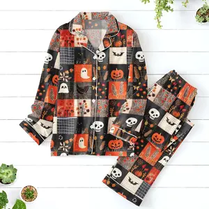 Halloween Long-Sleeve Satin Pajamas Set, Cute Ghost & Bat PJs, Pumpkin Skull Holiday Sleepwear, Cozy Autumn Family Matching PJs