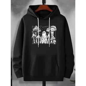 Women's fantasy mushroom forest with ghostly figure Graphic Hoodie - Long Sleeve Pullover Regular Fit | Soft & Breathable Fabric, Durable Print, Everyday Comfort, Machine Washable, cartoon illustration with ghost and mushrooms, spooky and whimsical