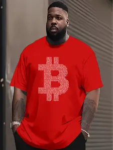 Men'S  Size Casual T-Shirt - Bitcoin Graphic Print, Breathable Polyester, Crew Neck, Short Sleeve, Regular Fit - Ideal for Summer, Everyday Tshirt|Modern Casual Wear|Smooth Texture,