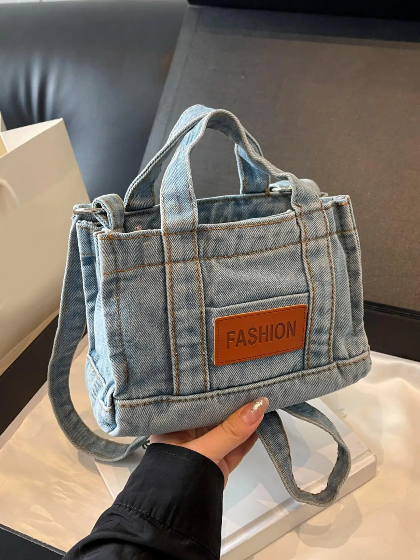 Letter Patched Decor Denim Pocket Design Crossbody Bag, Ladies Purse, Casual Versatile Zipper Shoulder Bag for Women, Trendy All-match Commuter Handba
