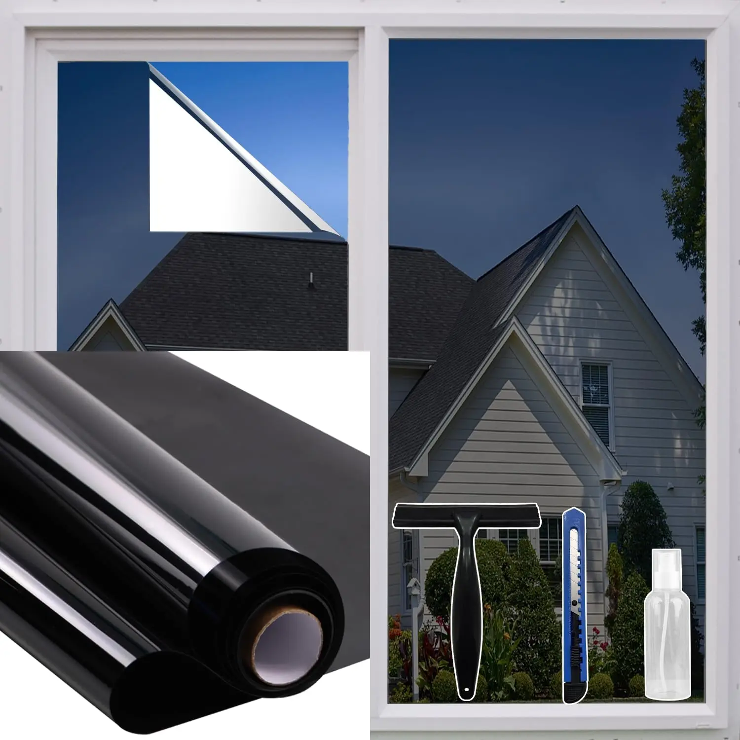 One Way Mirror Window Film Tint Static Non-Adhesive Daytime Privacy Heat Control Anti-UV Decorative Covering Home Office Black Silver 6Mil 17.5x6.5ft