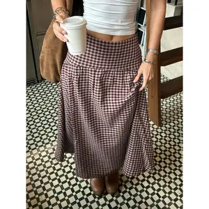 Vintage academic-style classic gingham loose high-waisted A-line skirt for women, clothes, casual midi skirt, all seasons, loose-fitting GARMENTARY