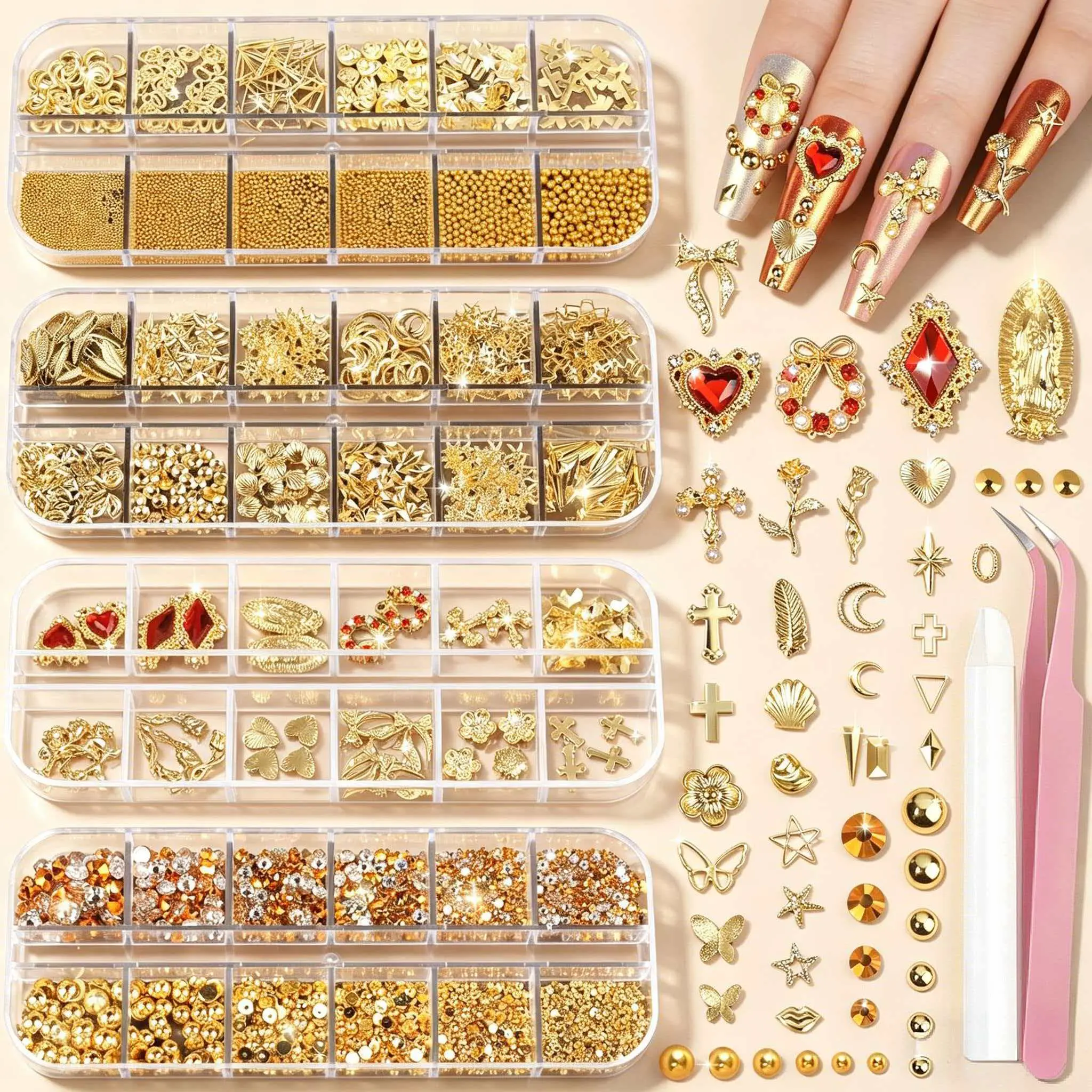 4-Box Gold Nail Charms & Gems Set with Tools - 3D Cross, Heart, Virgin Mary Rhinestones, Nails Supplies, Artificial, Boxed Tips, Butterfly Pattern, Crystal Design Accessories, Artificial Nail Art Accessories