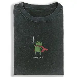 Huzzah Frog with Sword Vintage Crew Neck T-Shirt – Unisex Casual Comfort, Breathable Cotton Fabric, Perfect for Daily Wear – Funny Short Sleeve Top for Fashion Men & Women091103