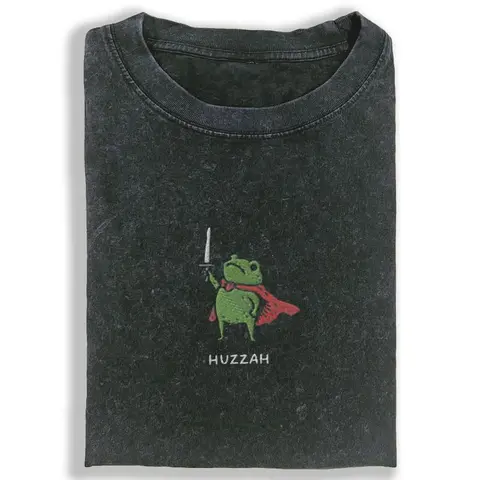 Women's Graphic Funny Huzzah Frog with Sword Print Crew Neck T-Shirt - Unisex Ribbed Oversized Fit, Breathable Cotton, Casual Daily True Vintage Wear Short Sleeve Tee 091103
