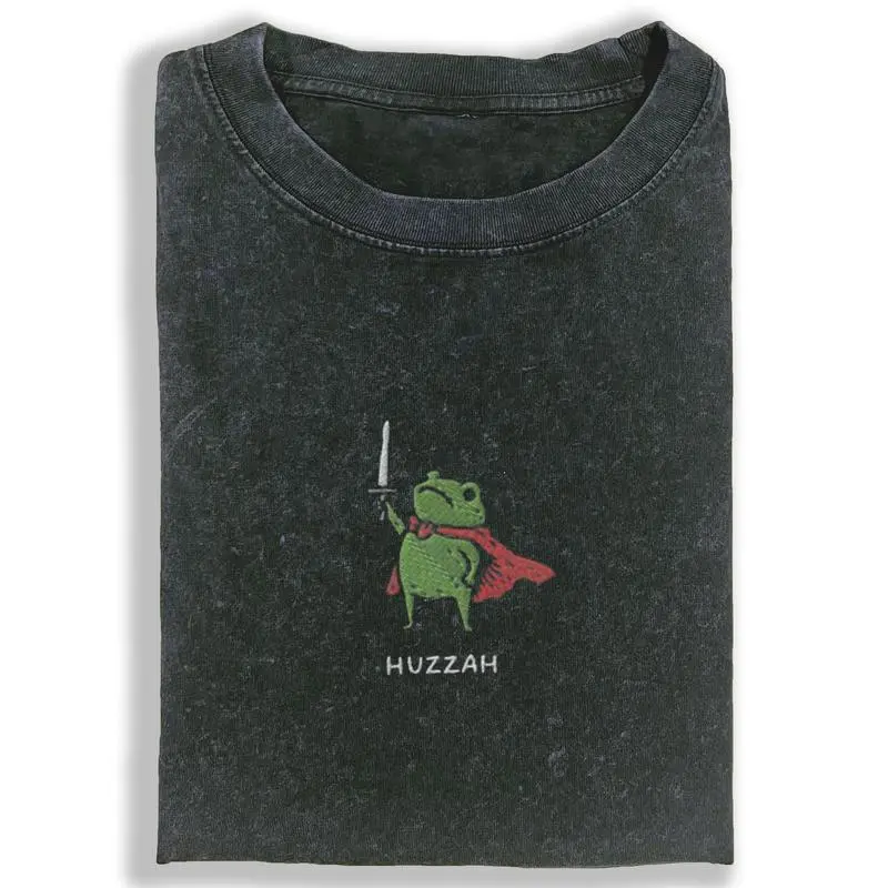 Huzzah Frog with Sword Vintage Crew Neck Print T-Shirt Unisex Casual Comfort Breathable Fabric Perfect for Daily Wear Funny Short Sleeve Top for Fashion Men Women