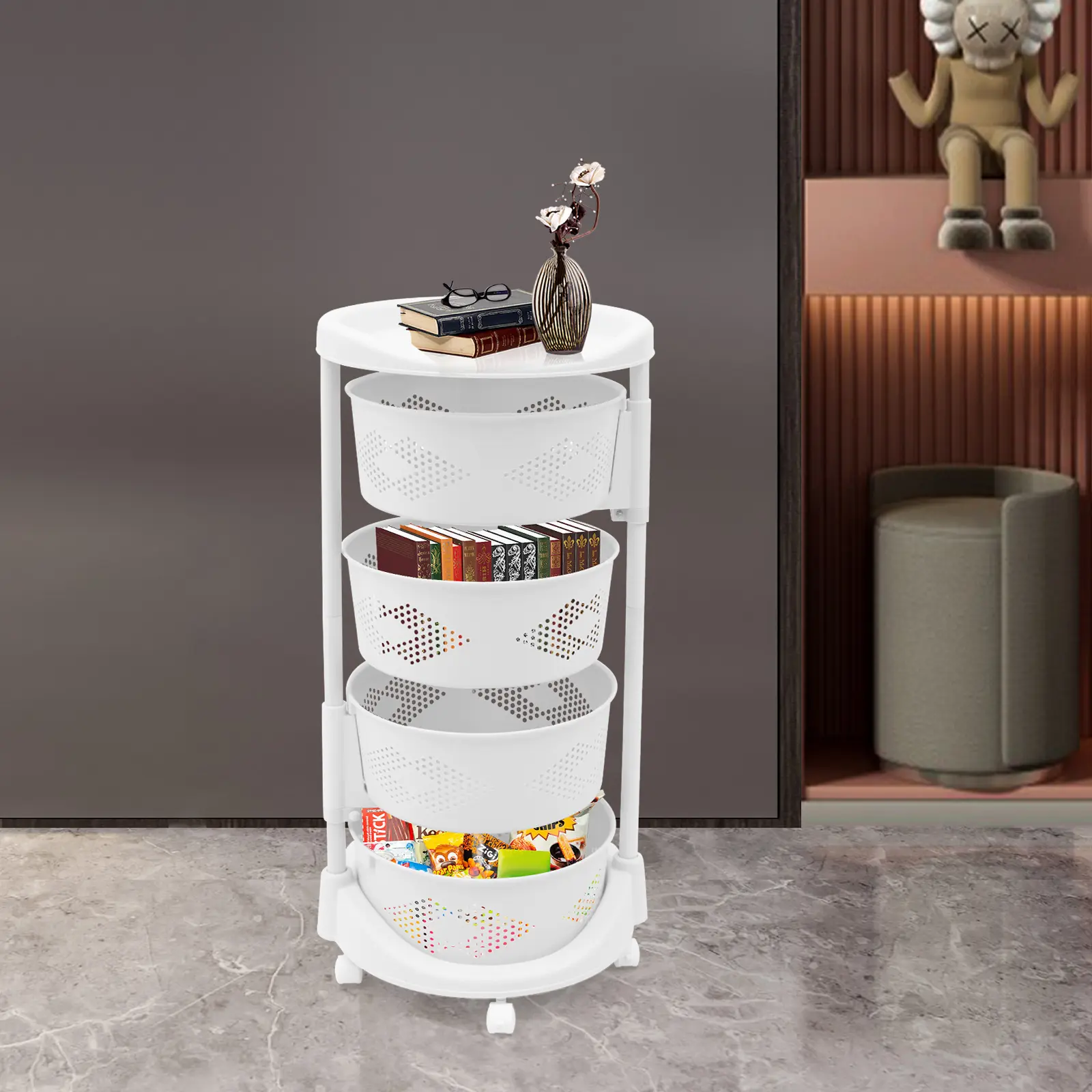 4-Tier Rotating Plastic Kitchen Organiser - PP and Iron Adjustable Shelf Rack, Freestanding Rotating Storage Rack, Home Supplies with 5 Wheels for Fruits, Vegetables