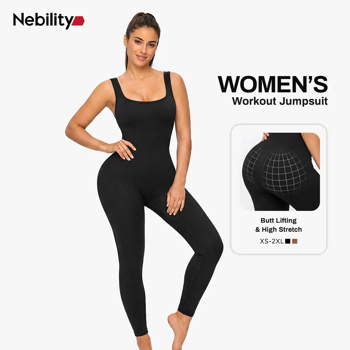 Nebility Women's High Elasticity Breathable Fabric Long Sleeve Yoga Jumpsuits Ribbed Design for Workout Leg Shape Ornament One Piece Activewear Clothing Athletic Training Apparel