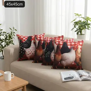 4Pcs Charming Farmhouse Chicken Pillow Covers | Red Gingham Checkered Decorative Cushion Case 45x45cm | Rustic Cottagecore Room Decor & Kitchen Aesthetic (Covers Only)