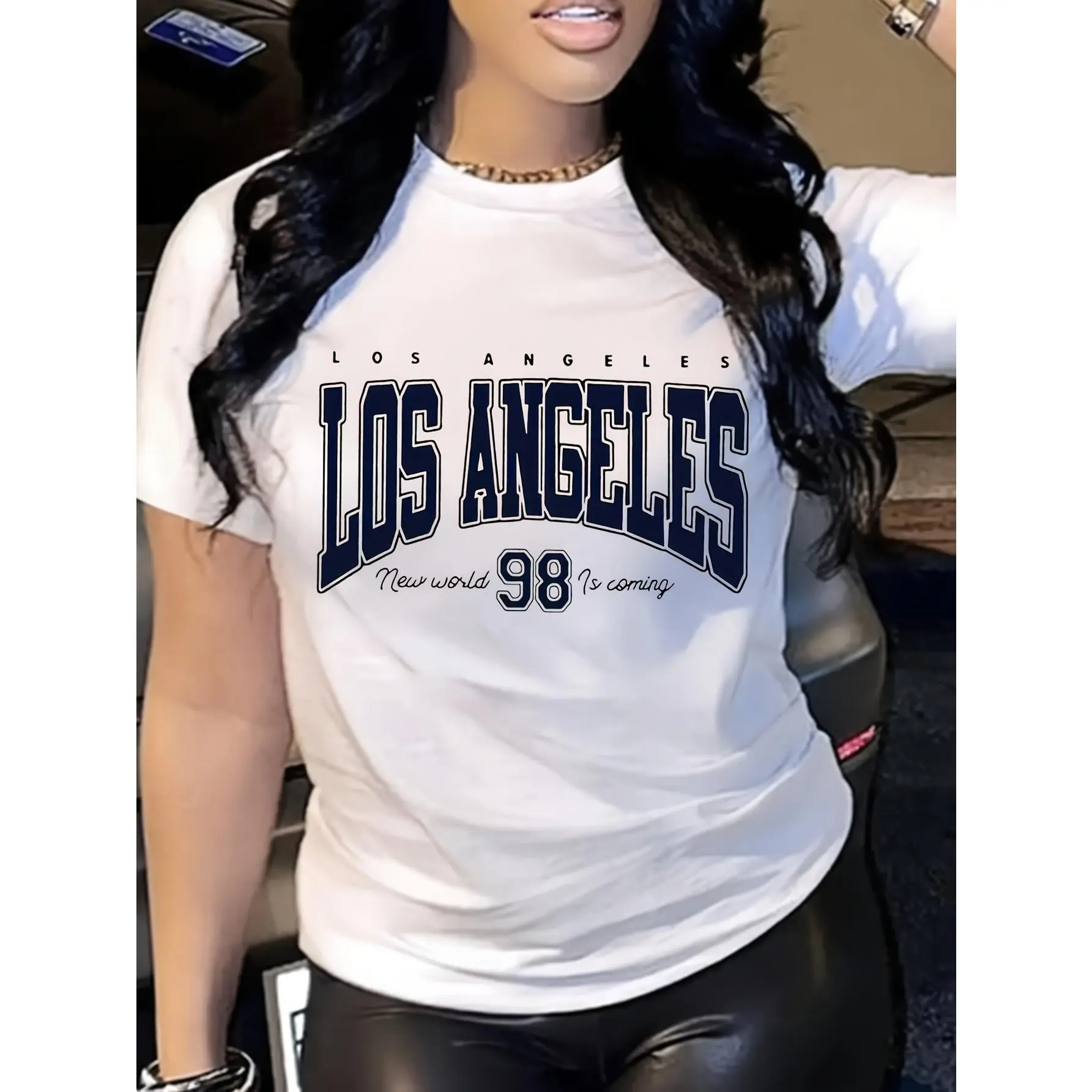 [LA Graphic T-Shirt] Los Angeles Graphic Print Women's Casual Crew Neck T-Shirt | 100% Polyester Knit Fabric, Short Sleeve, Slight Stretch, Regular Length, Summer Fashion Top