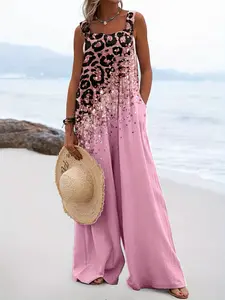 Fashion pink leopard print patchwork holiday style casual women's jumpsuit