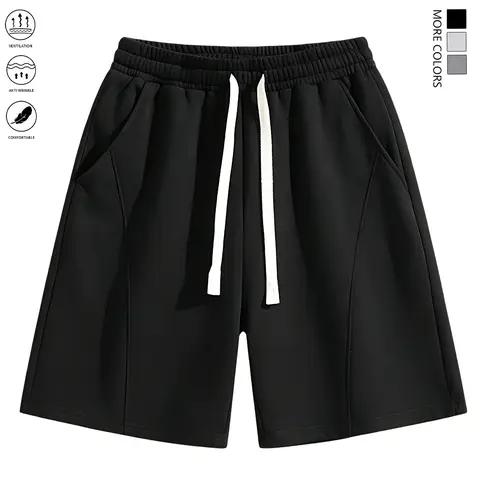 Men's Chic Cotton Elastic Mid-Waist Shorts - Size M, Loose Fit, Breathable Fabric, Drawstring, Simple Side Pocket, Ideal for Everyday & Athletic Wear, Simple Style Men's Shorts, Side Pocket Drawstring Men's Shorts