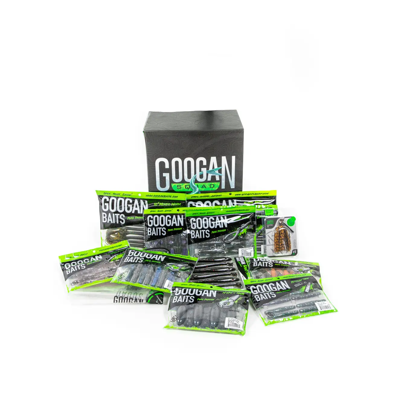 Googan Squad Old+New Bests Premium Fishing Kit Money Bag Bundle - Includes Iconic Bandito Bug, Money Bag, Fresh & Red-Hot Blazin' Worm Fishing Lures