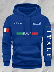 Men's Italian Flag Hoodie, Vibrant Milano Print, Casual Fitted Long Sleeve Sweatshirt, Fall & Winter Wear, Italian Style