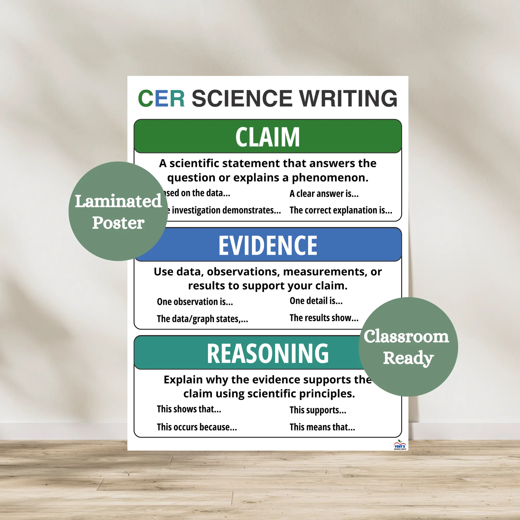 CER Science Writing Anchor Chart | Claim Evidence Reasoning Poster for Science | Science Classroom Decor