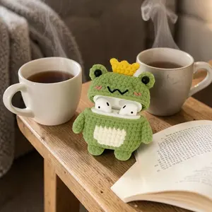Cute Frog Prince Airpods 1/2/3/Pro/Pro 2 Case, Crochet Animals AirPods Case, Handmade Frog Crochet AirPod Case, Frog Case-Headphone