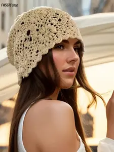 Handmade knitted bucket hat with beautiful floral patterns. Loose and comfortable fit, ideal for autumn and winter wear. Stylish street fashion accessory, great for daily casual outings.